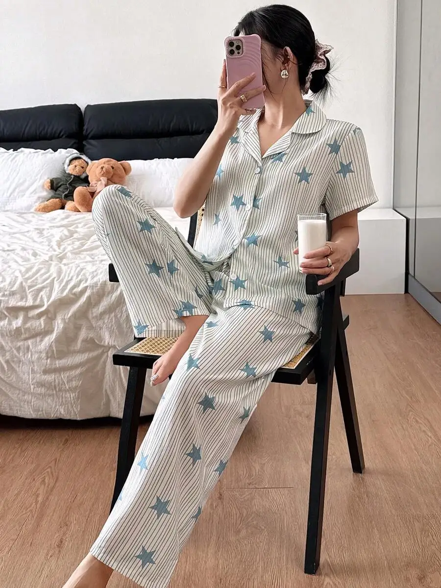 

Star Striped Lapel Collar Women Pajama Set Casual Sleepwear