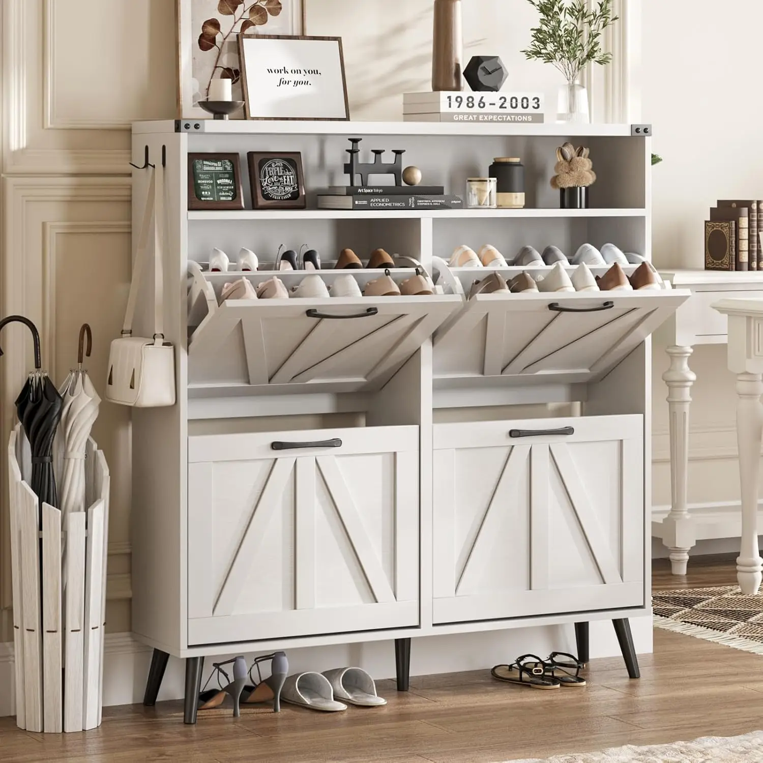 

Shoe cabinet with 4 flip drawers, farmhouse shoe cabinet for entrance, narrow independent organizational shelf with open shelves