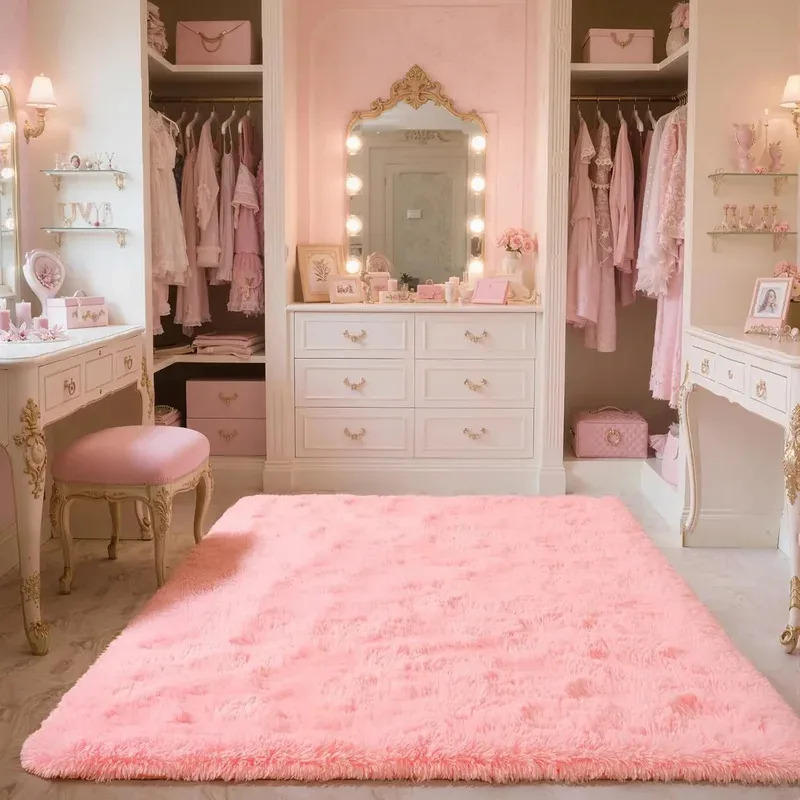VIKAMA Einfacher Rosa Flauschiger Teppich - Weicher und Plüschiger Bodenteppich für Mädchenzimmer, Schminkzimmer, Wohnzimmerteppich, Heimdekoration