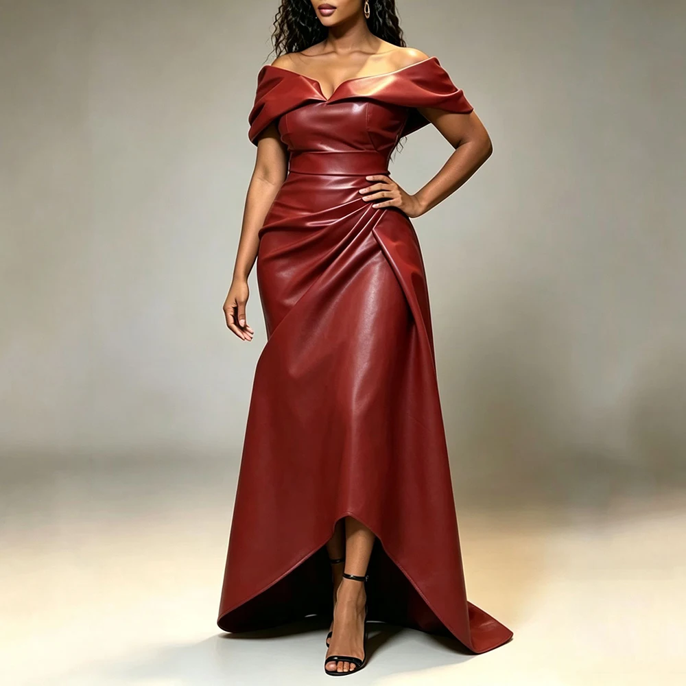 Women Faux Leather Off Shoulder Cocktail Dress Elegant High Waist Draped Ruched Bodycon Party Gown PU Wedding Guest Long Dresses - view 4