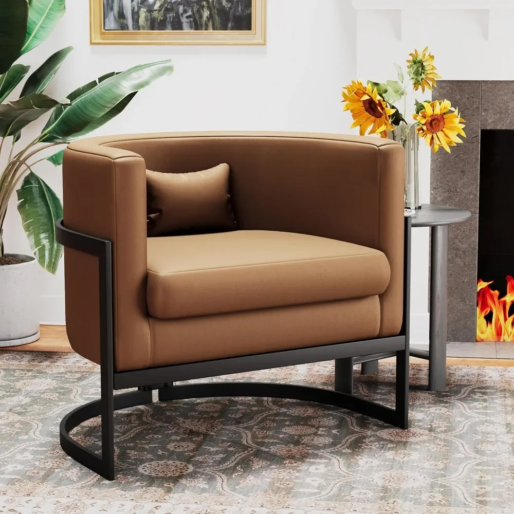 Brown Faux Leather Barrel Accent Chair Modern Upholstered Armchair for Living Room Bedroom Single Sofa Chair Club Side Chairs