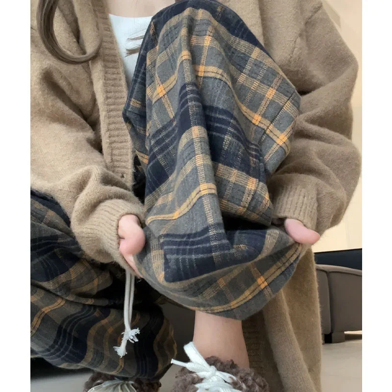 

Yellow Vintage Checkered Pants for Women, New Casual High Waist Slim Fit Thickened Wide Leg Pants for Autumn and Winter