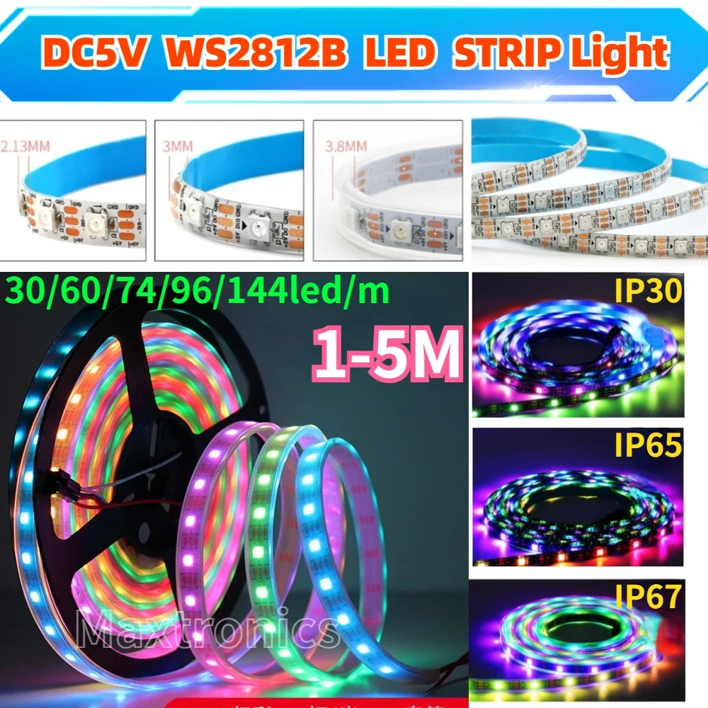 

1m/2m/3m/4m/5m DC5V WS2812B RGB Led Strip 30/60/74/96/144 leds/m Black/White PCB IP30/65/67 WS2812 IC Smart Led Light