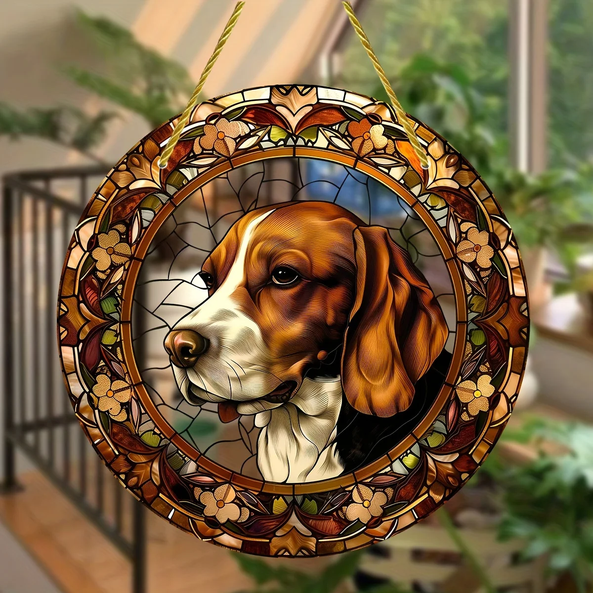 Beagle Dog Stained Glass Window Hanging Suncatcher,Round Acrylic Sign for All-Season Decoration,Wreath,Garden,Home,Office Decor