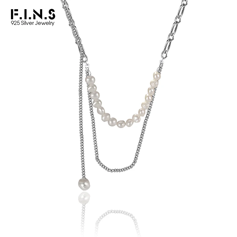 

F.I.N.S Baroque Cultured Pearl Necklace Long Women's S925 Sterling Silver Handmade Double Layer Clavicle Chain Fine Jewelry