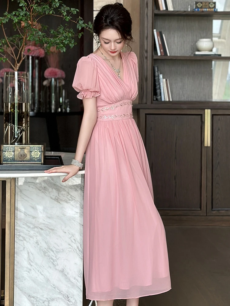 Women Vacation Clothes Chiffon Sweet Pink Short Sleeve Corset A-Line Long Dress Elegant Evening Party Prom Vestidos Robe Casual