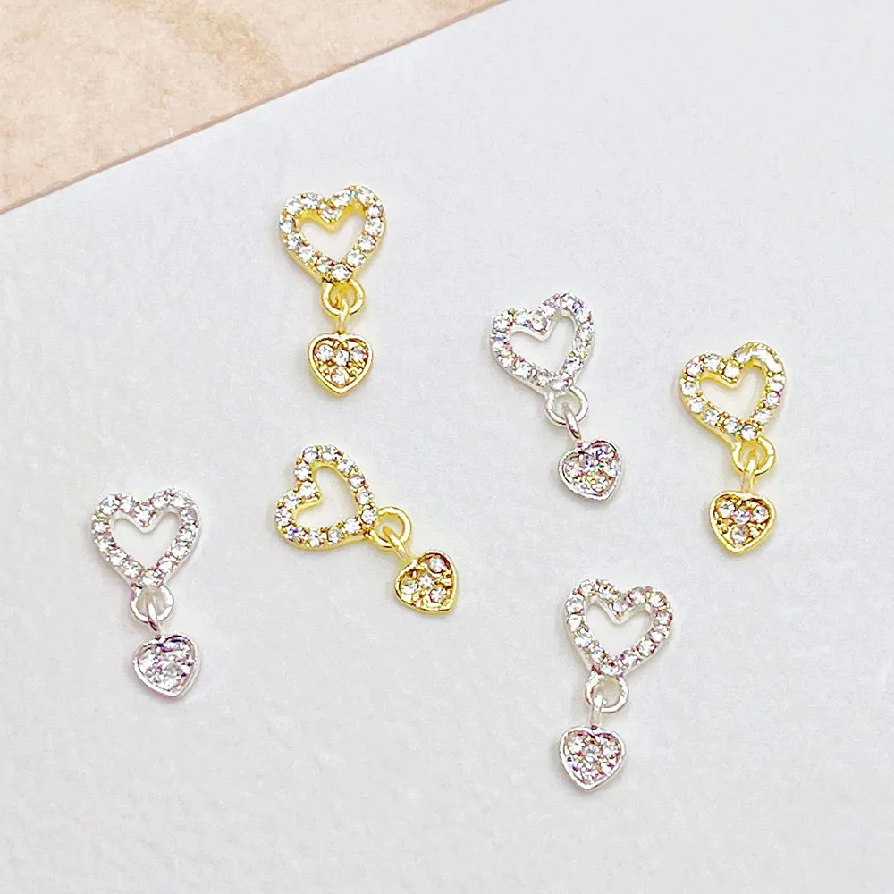 10 Stück Luxus Herz Baumeln Nagel Charms 3D Legierung Nagel Strass Silber Gold Hohl Herz Nagel Edelsteine Stern Juwelen Maniküre Teil – Detail 2