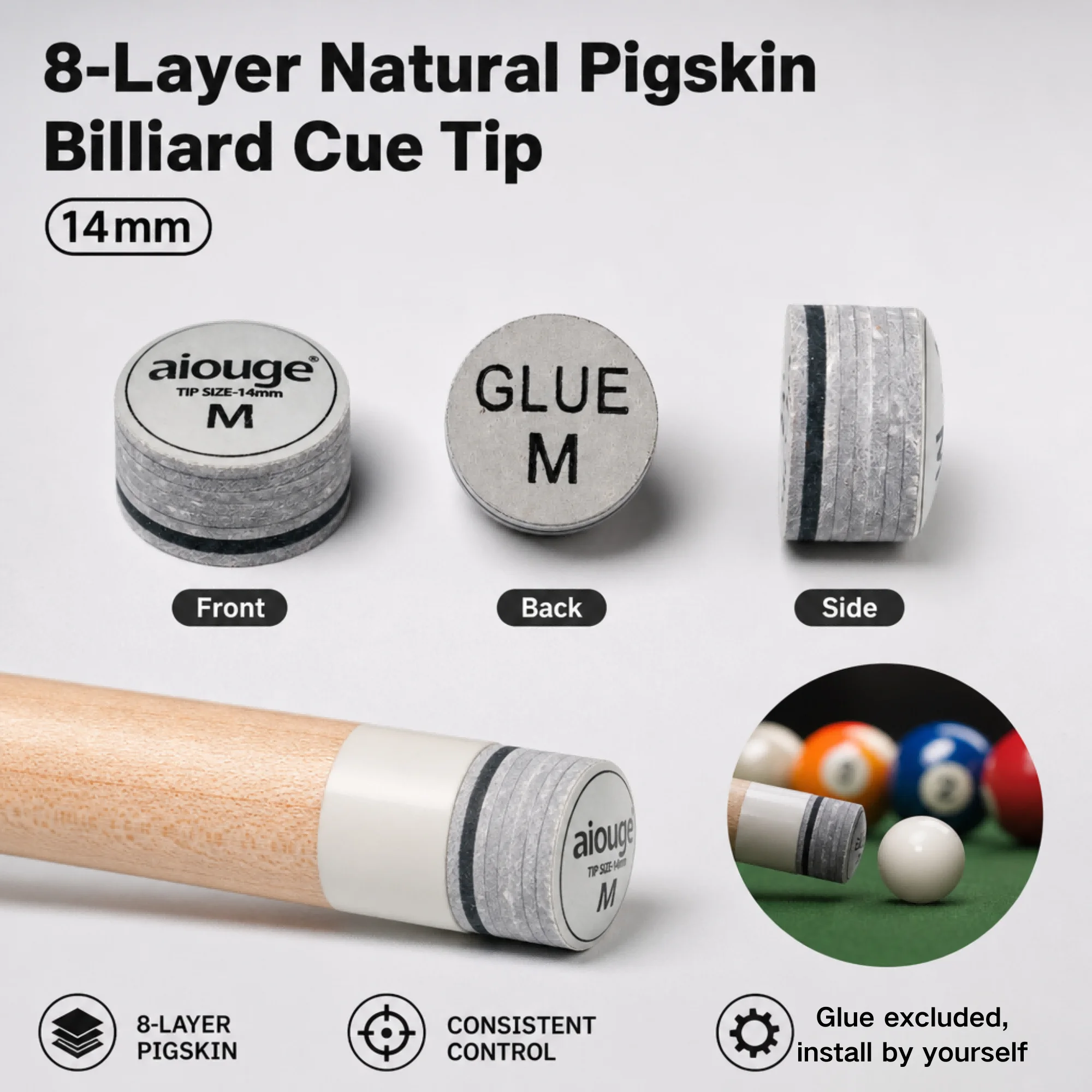 8-Layer Natural Pigskin Billiard Cue Tip 14mm Medium Hardness Professional Wear-Resistant Pool Cue Tip High Precision Billiard A