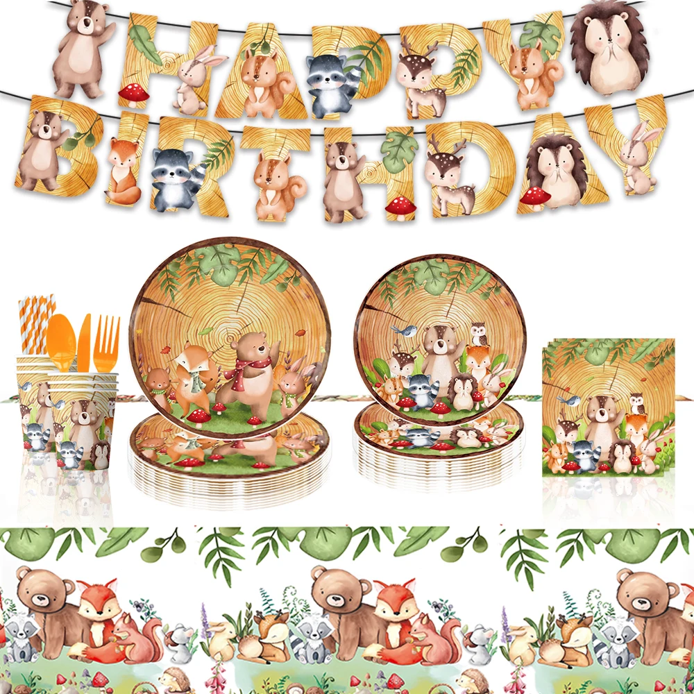 Jungle Theme Party Decor Supply Disposable Tableware plate banner Forest Animal Fox Hedgehog Balloon Baby Shower Kid Birthday