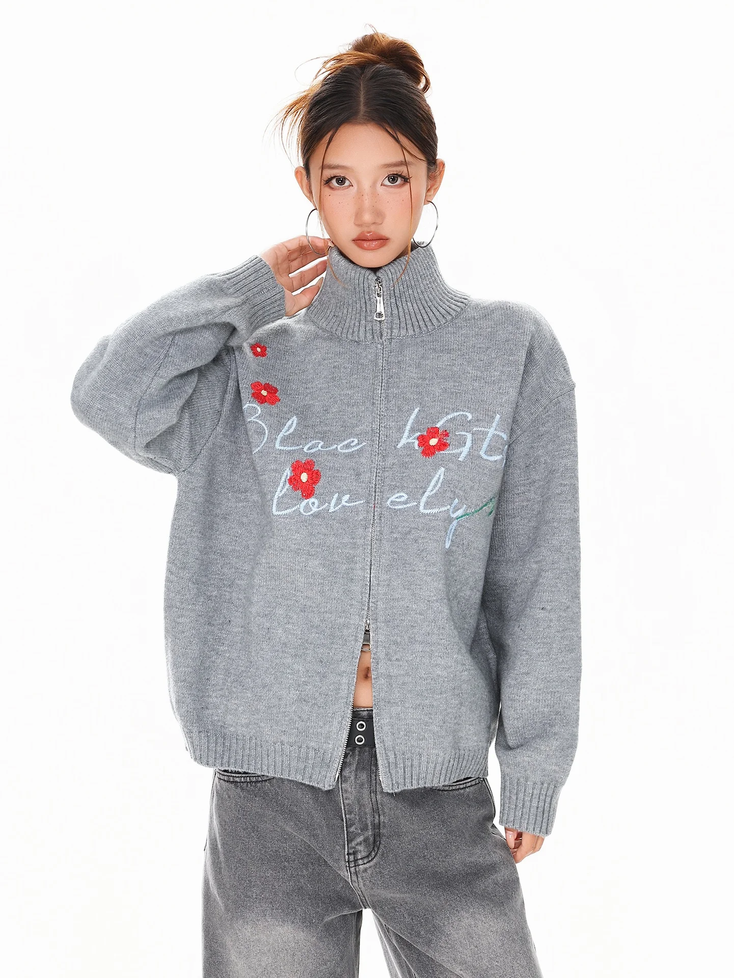 

Boeax American Retro Letter Flower Embroidery Stand Collar Loose Knitted Sweater Women Winter New Sle Casual Long Sve Top