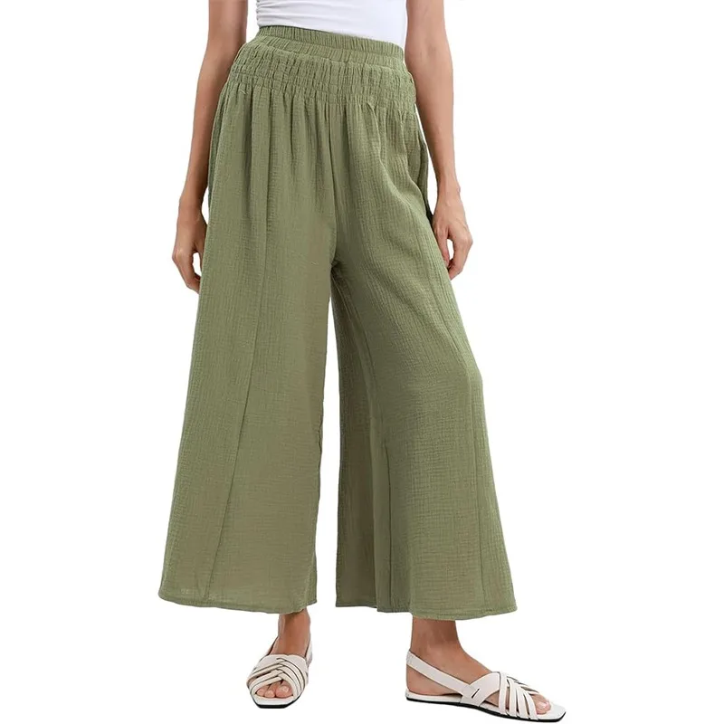 Musselin 100 % Baumwolle Guuze Damen-Hose mit weitem Bein, fließend, hohe Taille, lässige Lounge-Yoga-Hose für den Sommer, lockere Mode, Streetwear-Hose