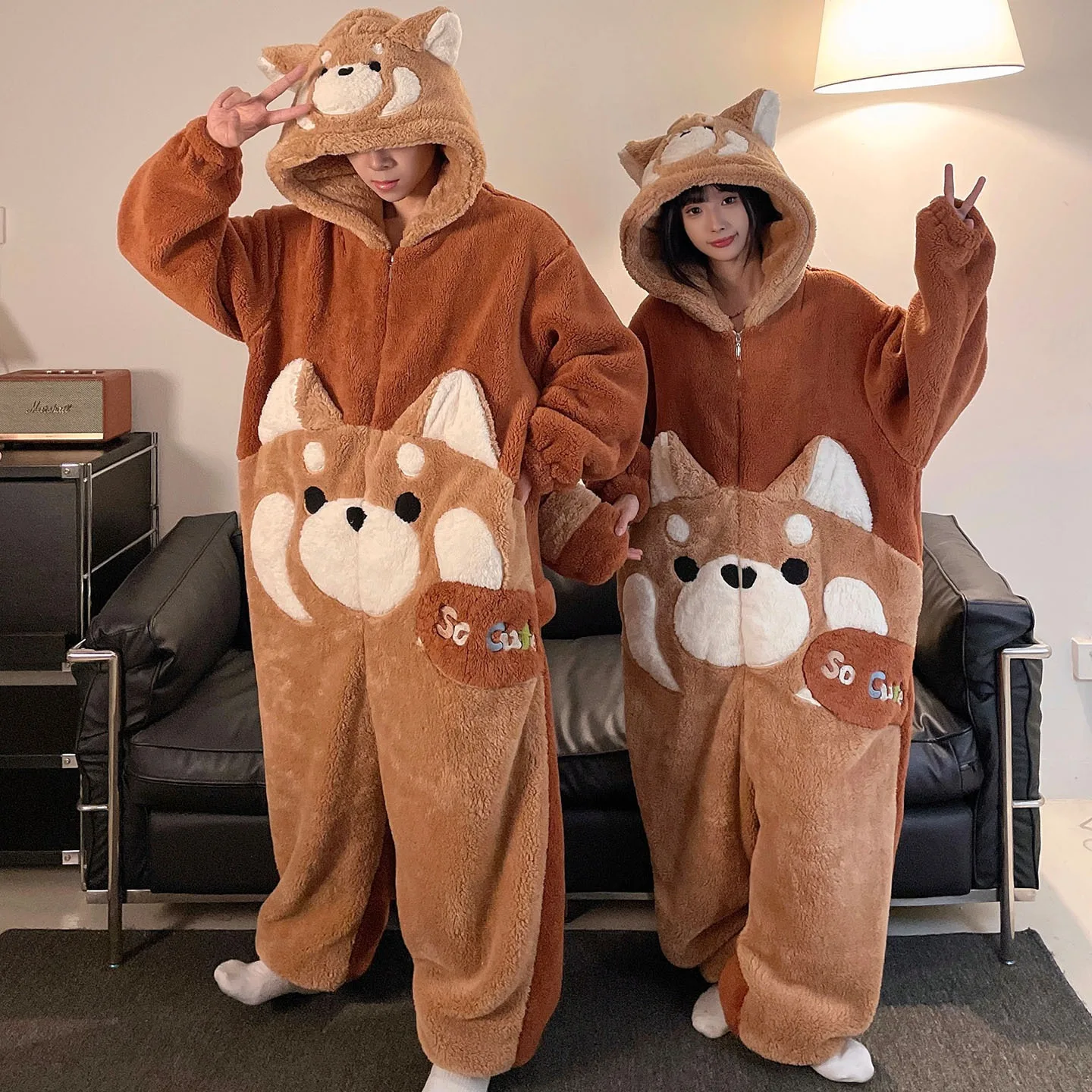 Cartoon Cute Jumpsuit Sleepwear Winter Warm Coral Fleece Pajamas Set for Couples Big Size 3XL 4XL Women and Men Nightwear