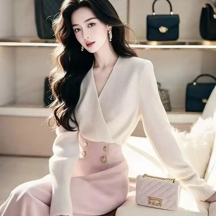 2024 Autumn Two Piece Set Elegant Women Korean Slim Long Sleeve Coat +sexy Bodycon Skirt Casual Evening Party Set Office lady