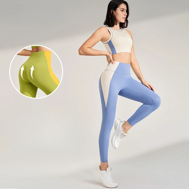 Sports fitness suit contrasting color quick-drying yoga suit shockproof bra bra bottoming running nine-point trousers