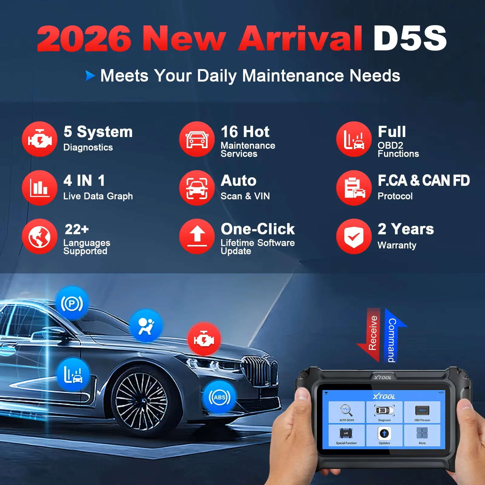 XTOOL D5S Auto OBD2 Scanner Getriebe ABS EPB Airbag Motor 5-System Auto-Diagnosegerät FCA CAN FD OBD OBDII Scanner Lebenslange Kostenlose Updates 16+ Reset-Funktionen Verbessertes D5 Code-Lesegerät – Bild 2