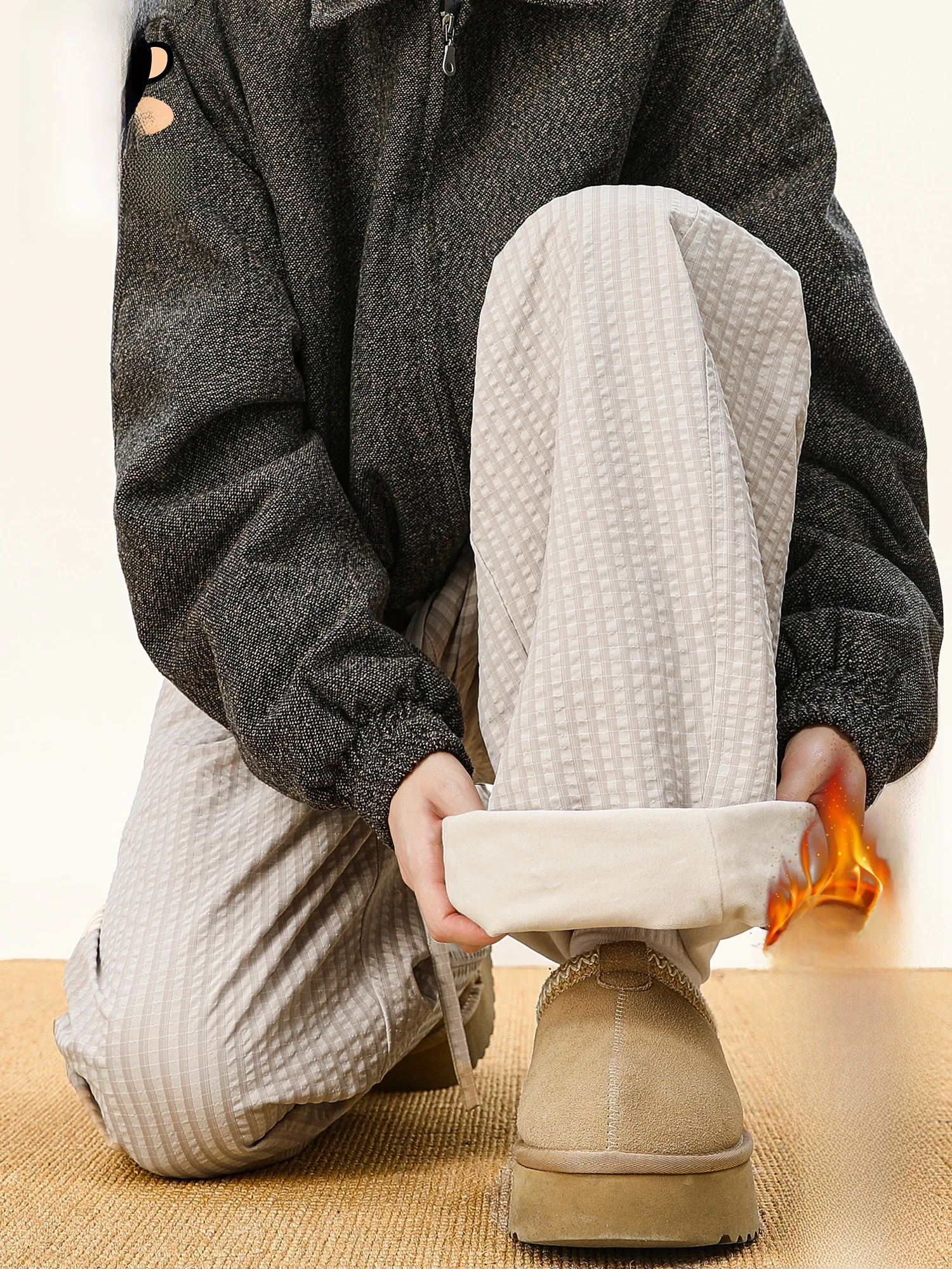 

PaulFrank Plaid Thiened Fce Lined Wide Leg Casual Pants Men's Spring Warmth Trousers American Sle Polyester Fiber