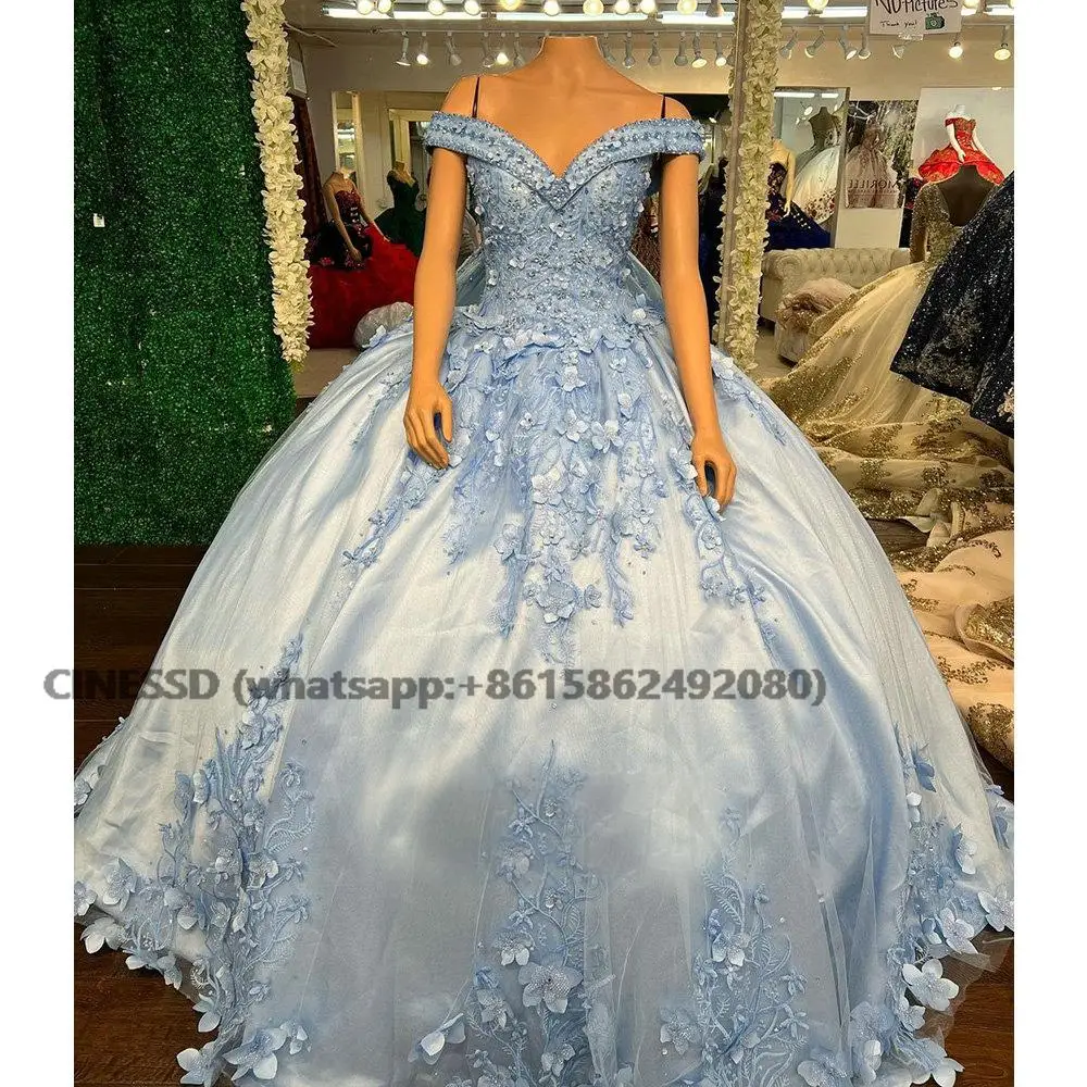 Vestido De baile De quinceañera con hombros descubiertos, azul claro, sin mangas, apliques florales, encaje, hecho a mano, 15 y 16 años