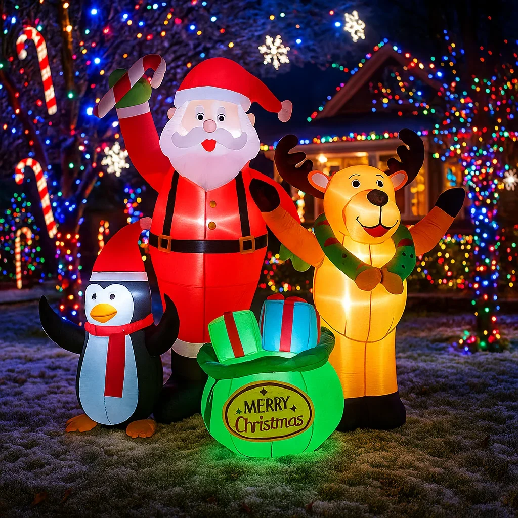 2.1M/6.8FT Inflatable Santa Reindeer Penguin with Gift Bag  Lights LED Home Decorations Toys Yard Xmas Holiday Decor Supplies