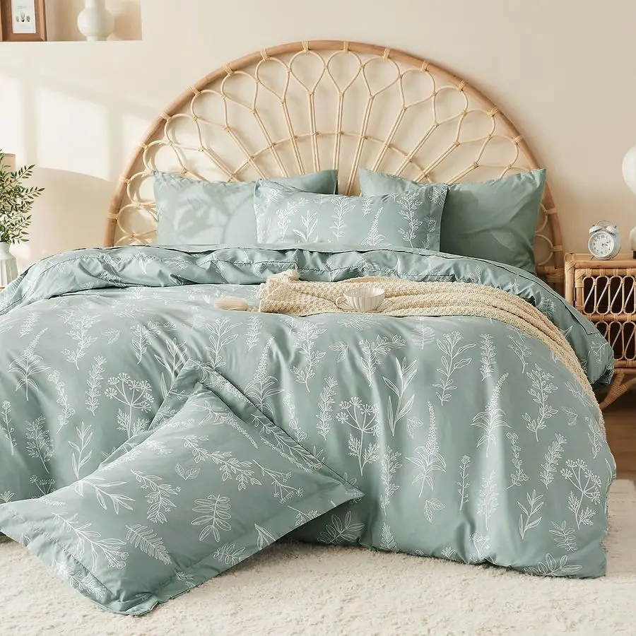 

Queen Comforter Set 7 Pieces, Sage Green Bed in a Bag Queen Reversible Botanical Flowers Design, Ultra Soft amp Breathable Beddi