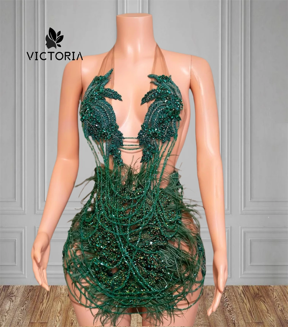 Amazing Green Tassel Crystal Mermaid Prom Dress Black Girls African See Thru Birthday Dress Luxury 2025 Sheer Mesh Customized