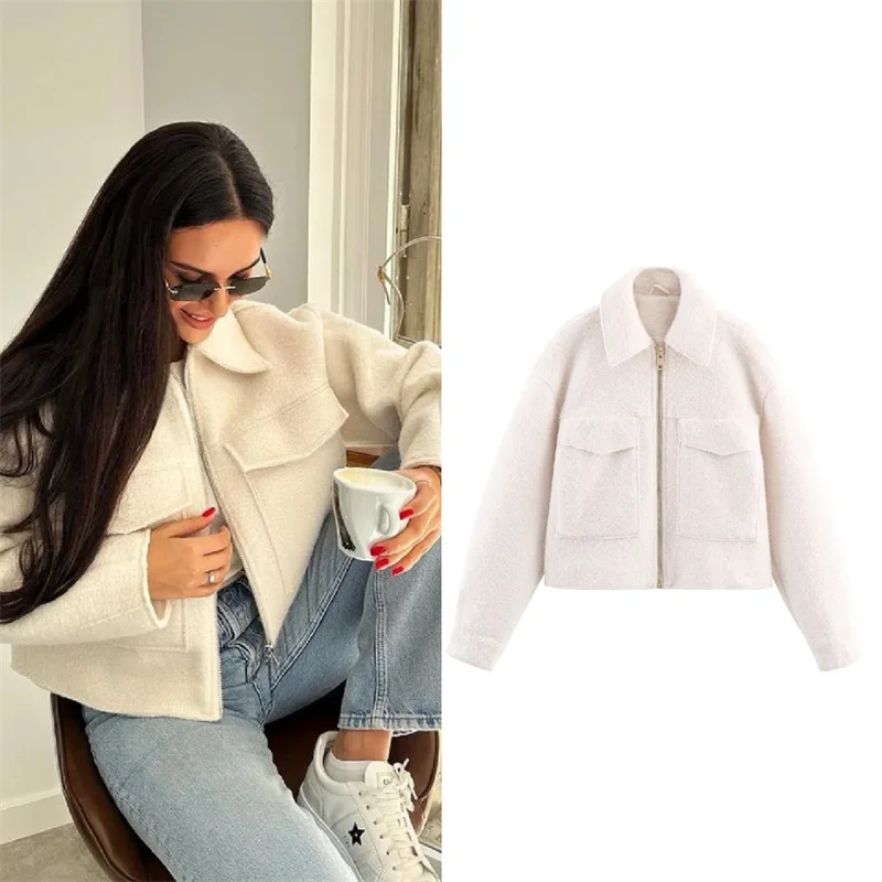 

Women's Coat 2025 Autumn New Style White Long-sleeve Pocket Decorated Minimalist Zip-up Jacket Casual Fashion Versatile