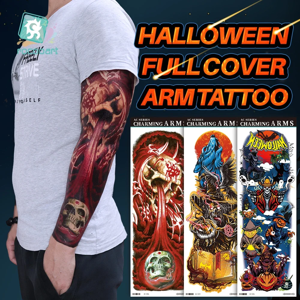 Tatuaje de manga de brazo grande para hombre, calaveras de demonio, fantasma, Lobo, sangre, pegatina temporal impermeable, tótem de calavera completa, tatuaje falso