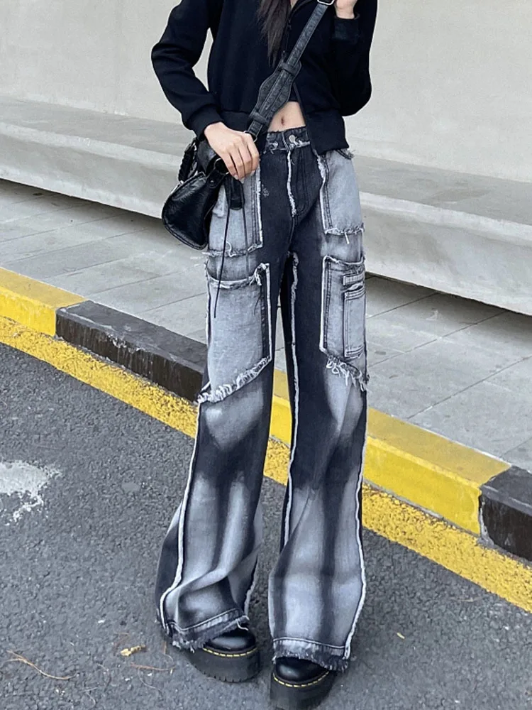 

SONNEESD Harajuku Personality Tooling Cowboy Pants High Waist Contrast Color Gradient Design Denim Trouser Slim Flare Pants