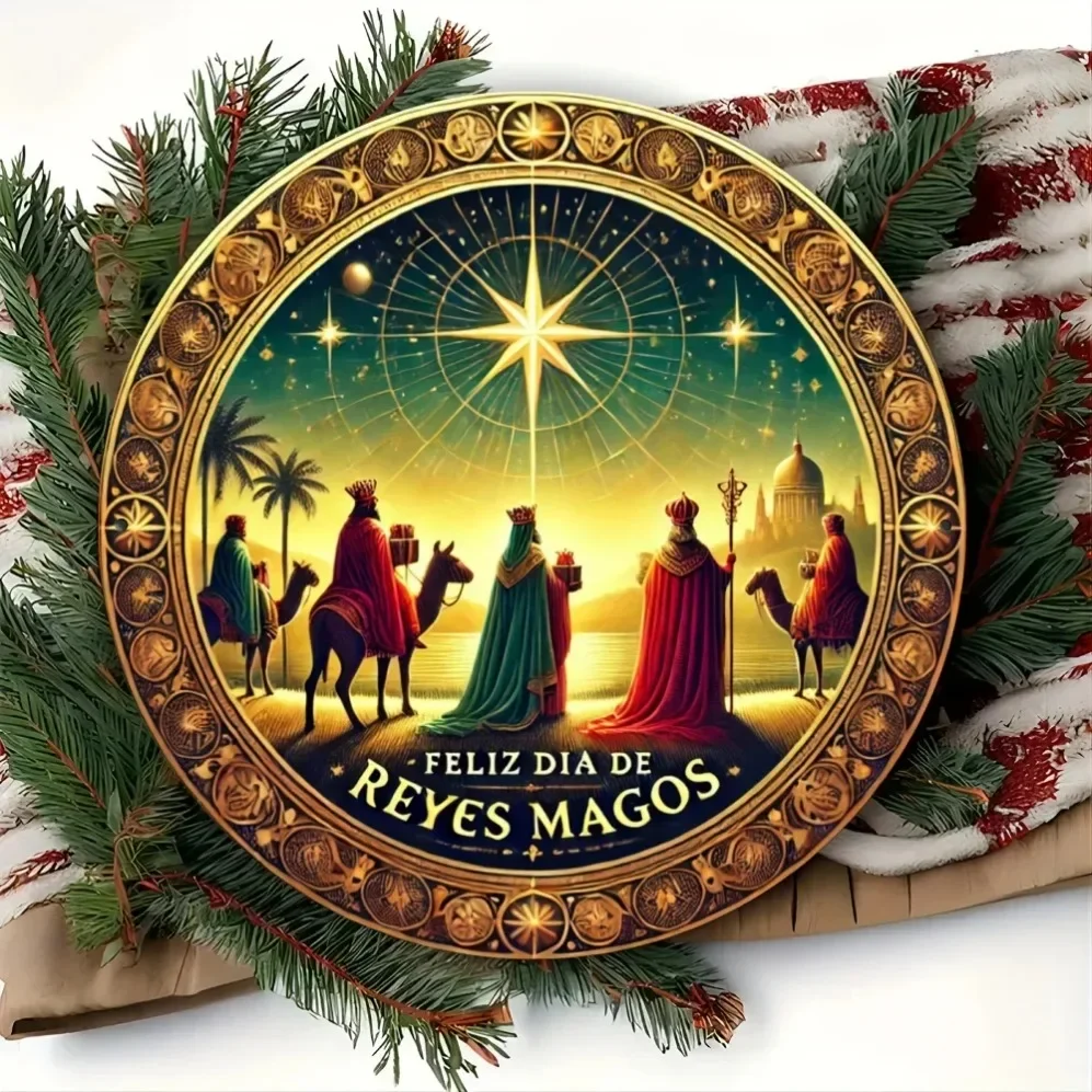 Placa para colgar en la pared 2D - Tema navideño "Feliz Dia De Reyes Magi" con tres reyes - Decoración multiusos