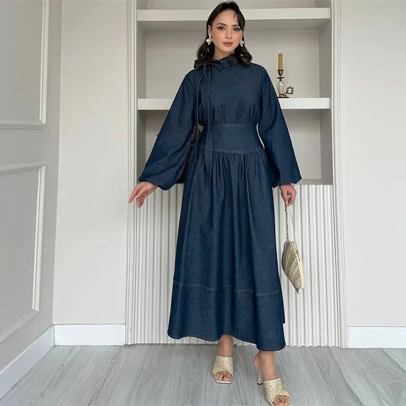 

CPSYMYM Elegant Dark Blue Women's Dress Bow Lace Up O-neck Long Lantern Sleeve Maxi Dresses Female Spring Summer Lady Robes