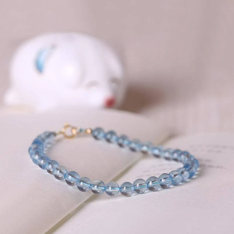 

Natural Ice-clear Aquamarine Bracelet for Women 14k Gold-clad Transfer Beads Bracelet Clear Blue Crystal