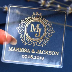 100pcs Custom Gold Foil Wedding Stickers for Favor, Square or Round,,Rose Gold Sticker, Real Foil Clear Stickers