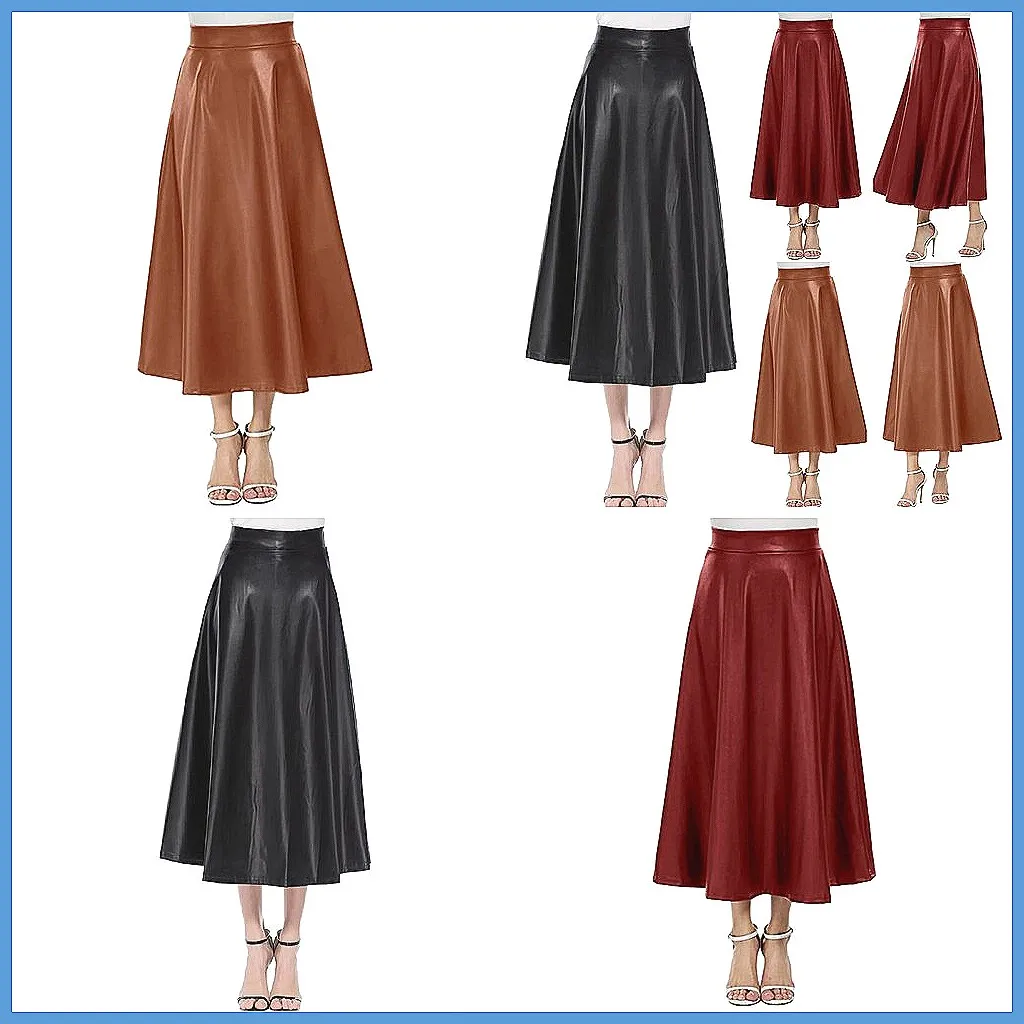 

Юбка из искусственной кожи с высокой талией для женщин, однотонная длинная спортивная юбка с подкладкой
