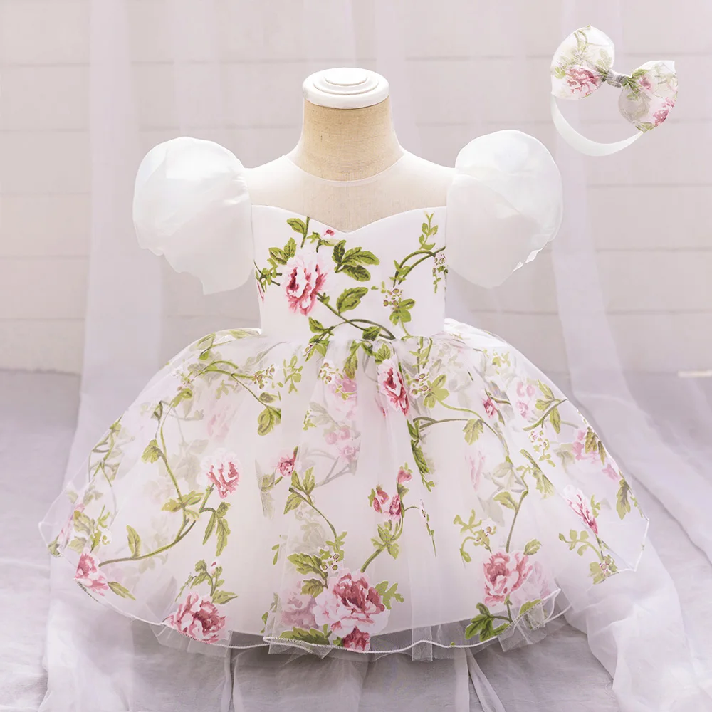 Flower Baby Girls Clothes For Summer 0-4Years Puff Sleeve Toddler Kids Clothes Tutu Birthday Party Newborn Christening Costume