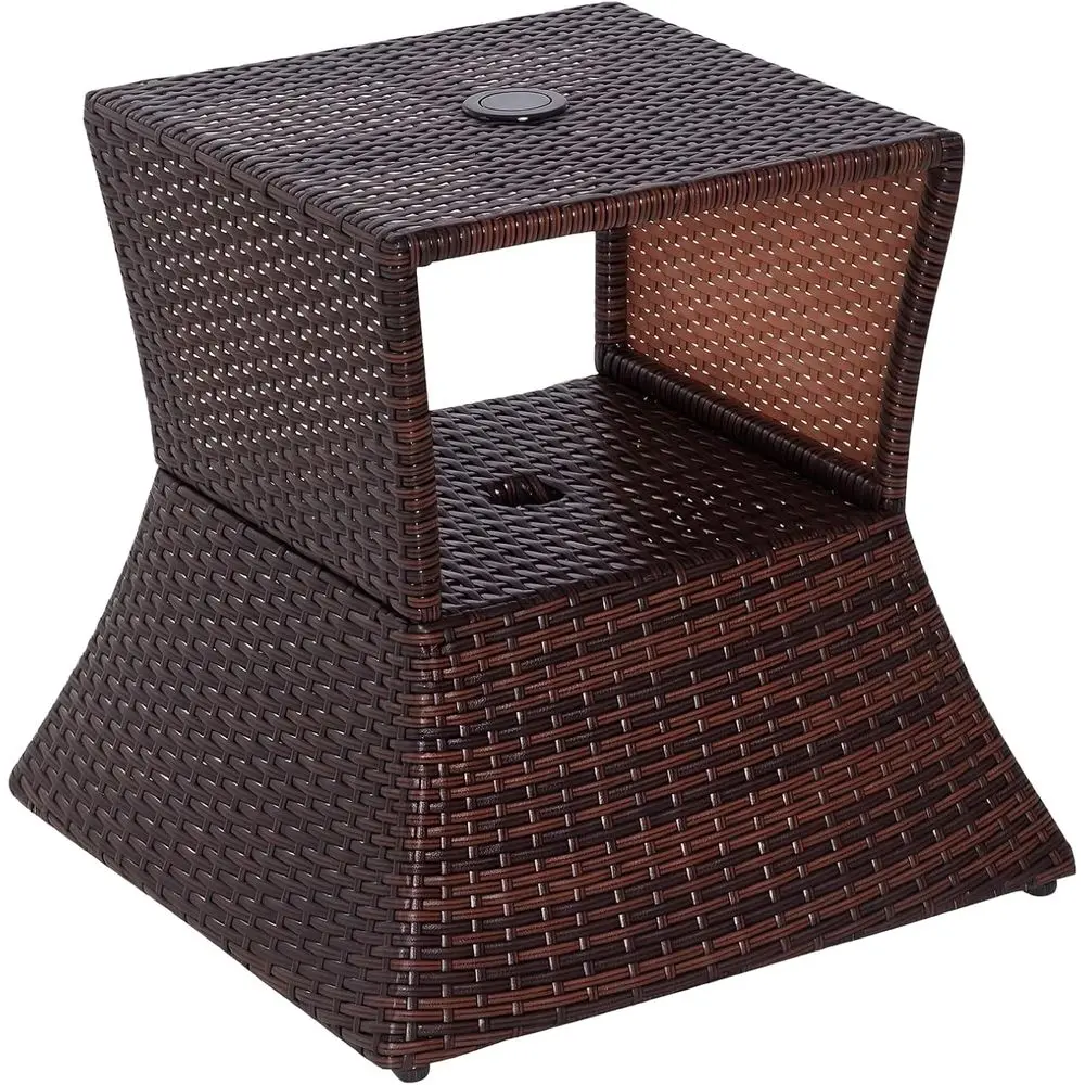 

2-Tier Rattan Outdoor Side Table with Umbrella Hole and Storage Shelf, Weather-Resistant for Patio, Garden, Backyard, Mixed Brow