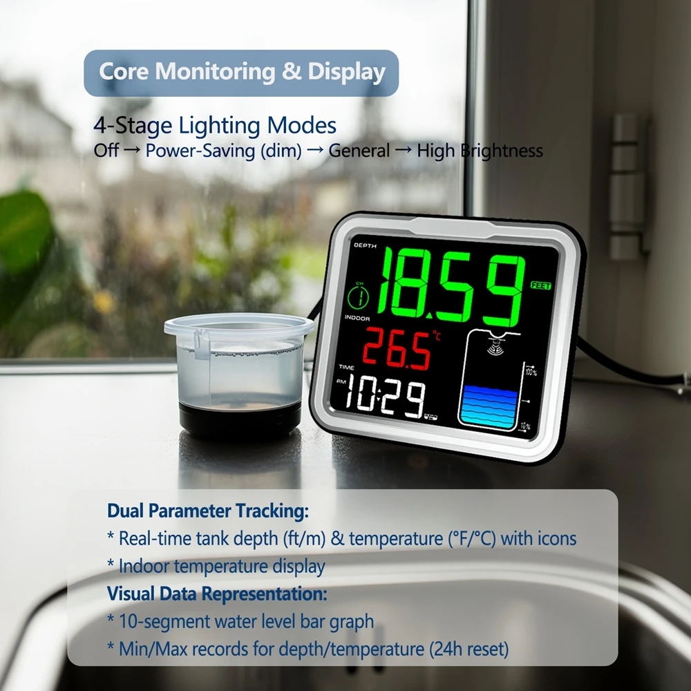 

LCD Liquid Depth Level High/Low Indicator Alarm Wireless Solar Water Tank Level Meter Temperature Monitor Time Display Precision