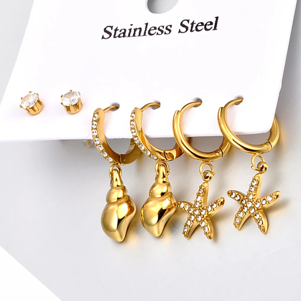 Lokaer 3 Paar/paket Ozean Stil Cz Kristall Seestern Creolen Für Frauen Böhmen Strand Shell Ohrringe Modeschmuck E25076