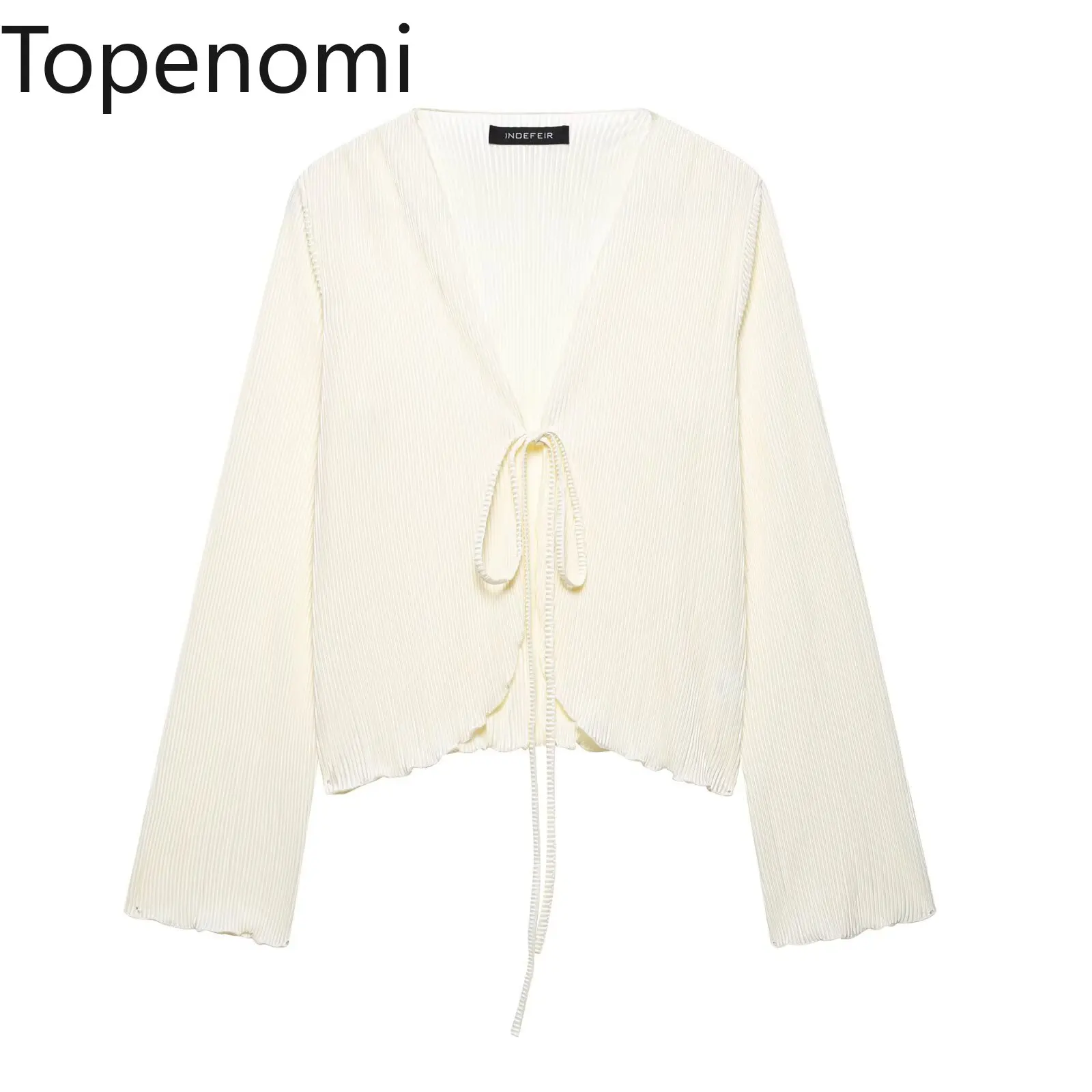 

Topenomi Women Shirt Temperament V Neck Lace Up Flare Sleeve Solid Tops 2025 New Fashion Versatile Slim Fit Short Blouse Camisas