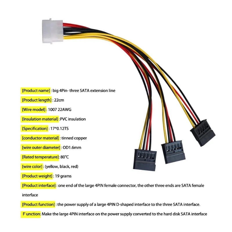 F3KE Power Splitter สายเคเบิลอะแดปเตอร์ 4Pin IDE ถึง 3 xSATA 1 ถึง 3 สายไฟ