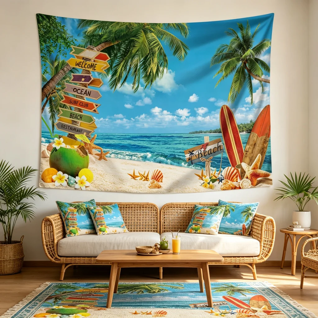 1PC Tropical Beach Surf Art Print Backdrop Banner, Bedroom Living Room Photo Background, Polyester, Home Decor, Wall Art