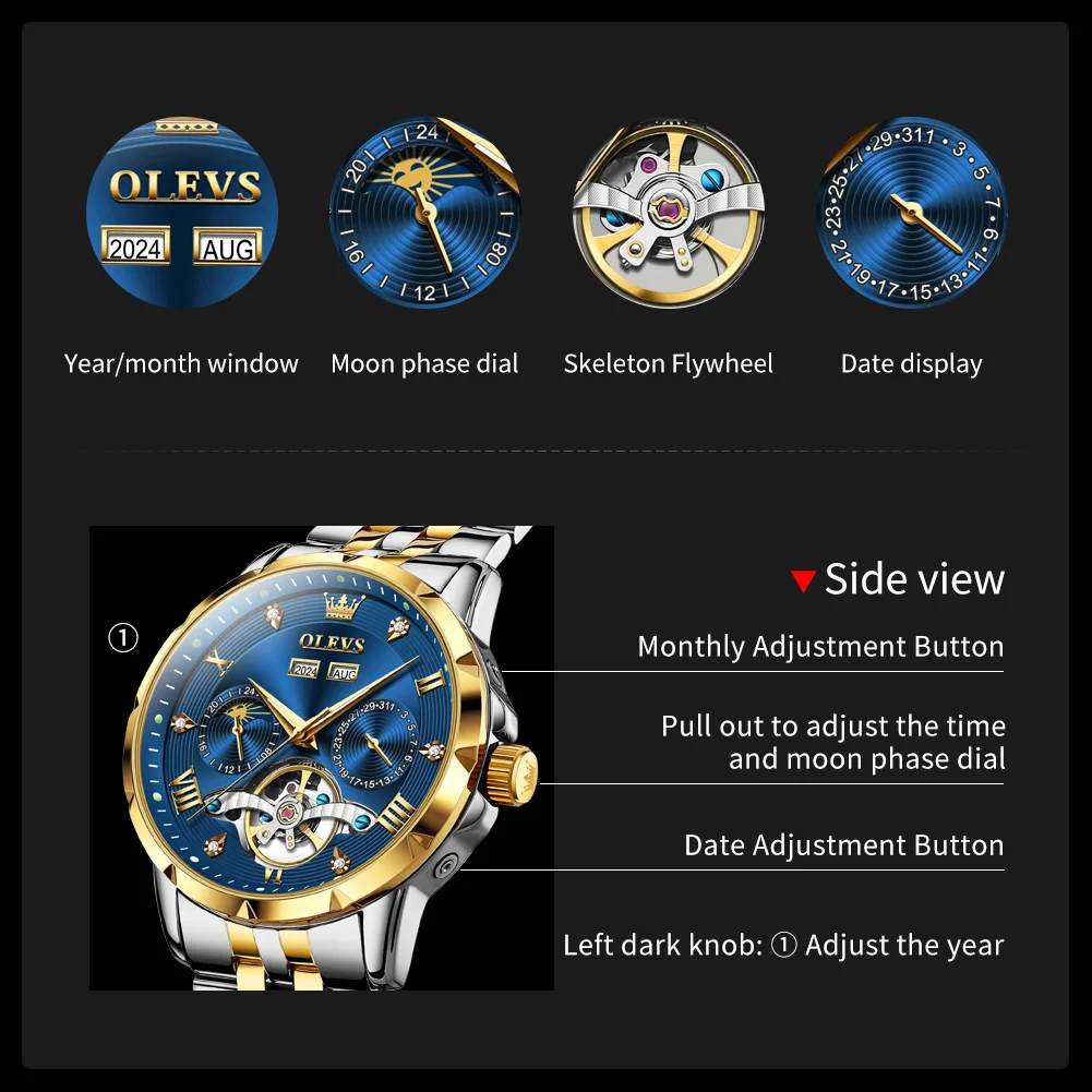OLEVS 6691 Orologio da uomo Originale Luxury Business Volano Orologio meccanico automatico Acciaio inossidabile Data Anno Mese Manes Regali