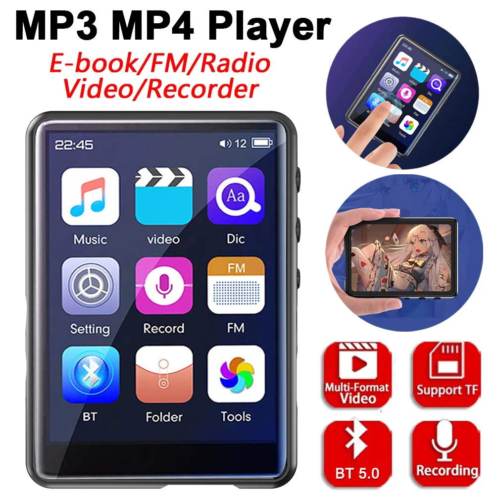 Leitor de música estéreo com tela sensível ao toque, MP3, MP4 Player, Gravador de vídeo, alto-falante embutido, Walkman, FM, E-Book, Bluetooth 5.0