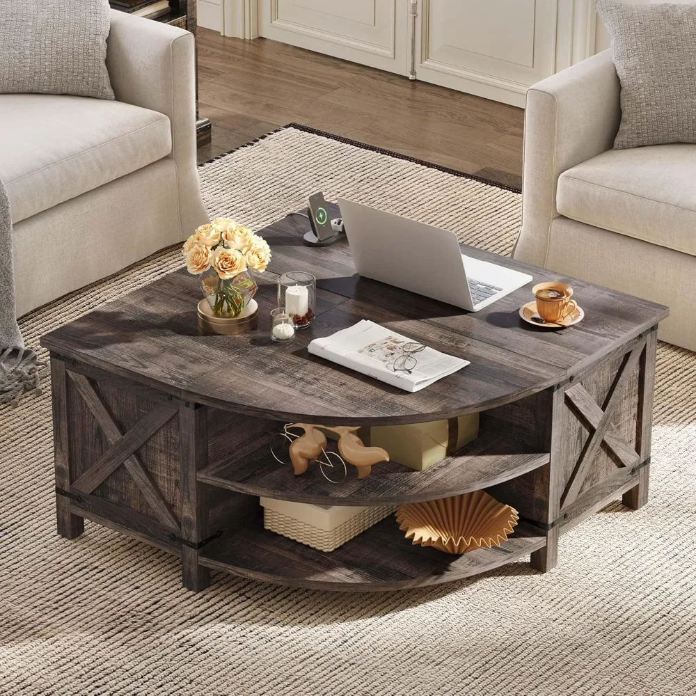 طاولة قهوة قابلة للرفع مع مساحة تخزين، طاولة مركزية معالجة بالخشب مع محطة شحن ومنفذ USB، طاولة غرفة معيشة كبيرة