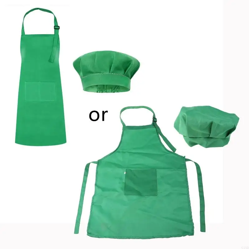 Q5WD Children Kids Chef Costume Kitchen Mushroom Hat and Apron Set Solid Color Adjustable Bib with Pocket for Cooking Baking