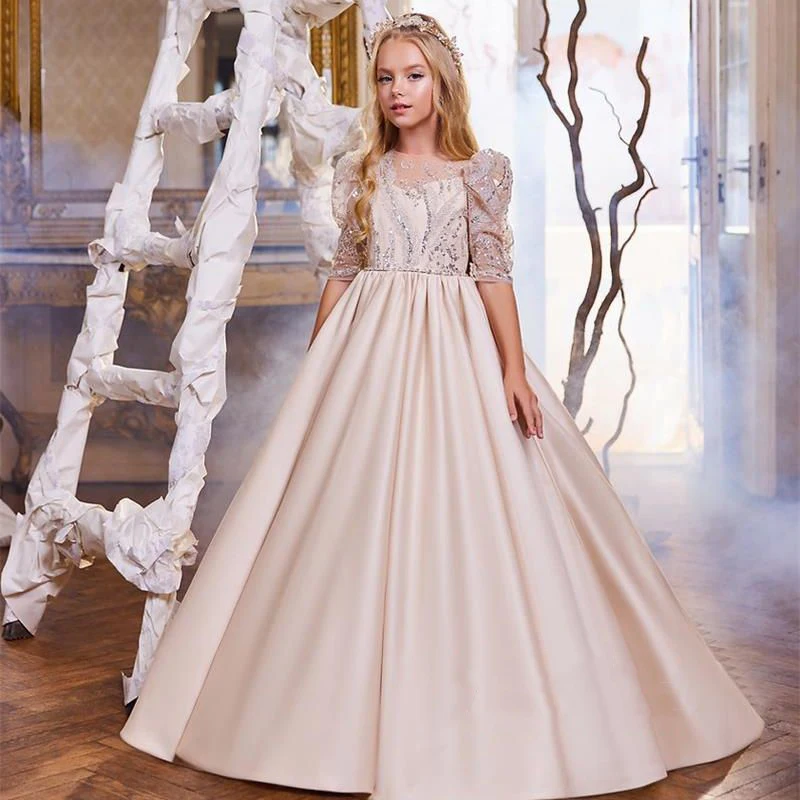 Robe de demoiselle d'honneur en satin champagne pour filles, robe de Rhd'anniversaire pour enfants, perles brillantes avec nœuds, paillettes scintillantes, longueur au sol, mariage