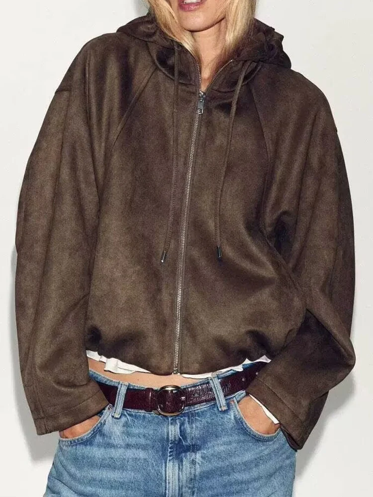 

Новая женская мода в европейском стиле, универсальный темперамент, однотонная замшевая куртка-пилот с эффектом текстуры, пальто