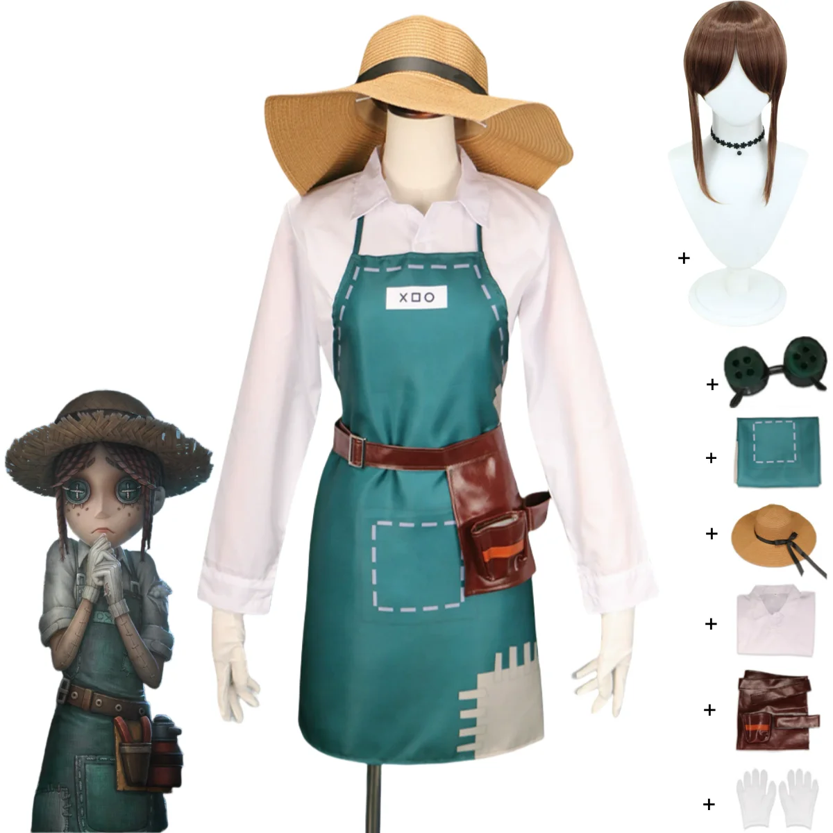 Juego de Anime Identity V Emma Woods, disfraz de jardinero, peluca, camisa, delantal, sombrero, uniforme, mujer adulta, bonito traje de Carnaval de Halloween