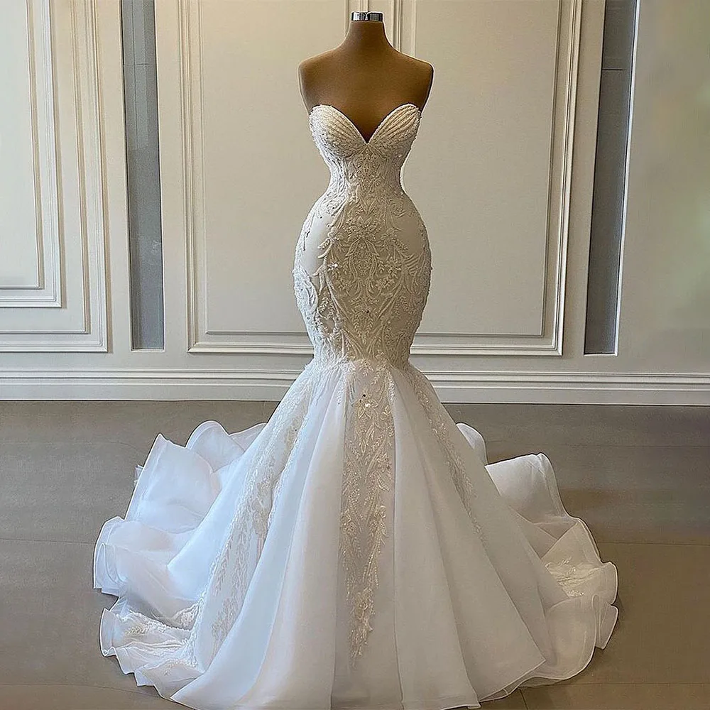 Robe de mariée de luxe sirène perles Appliques chérie robes de mariée pour les femmes 2024 mariée ivoire trompette Organza robe de mariée