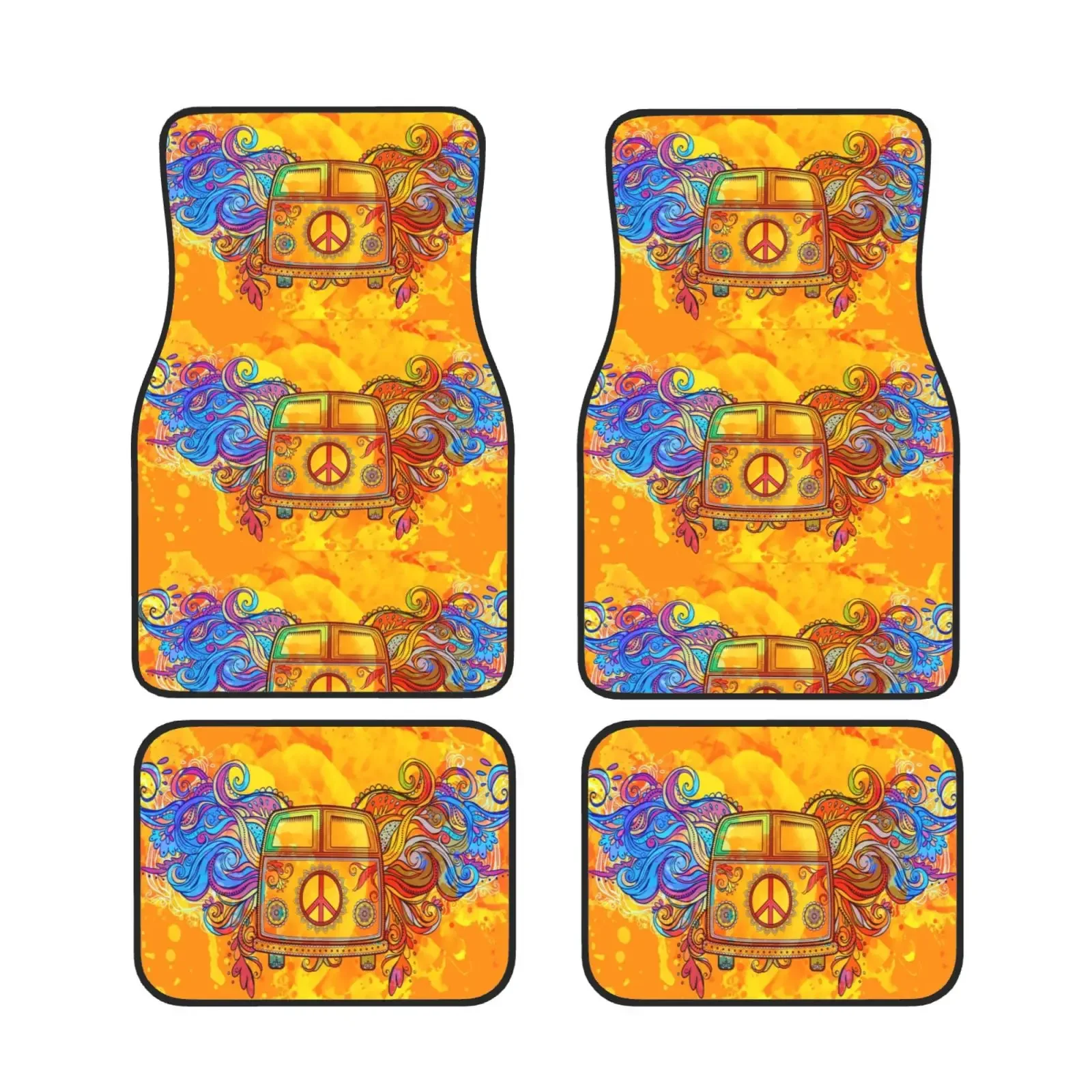 Hippie Vintage Car a Mini Van with Peace Sign Car Foot Mat set Of 4 Pieces Car Floor Foot Mat Sets of 4 Pieces