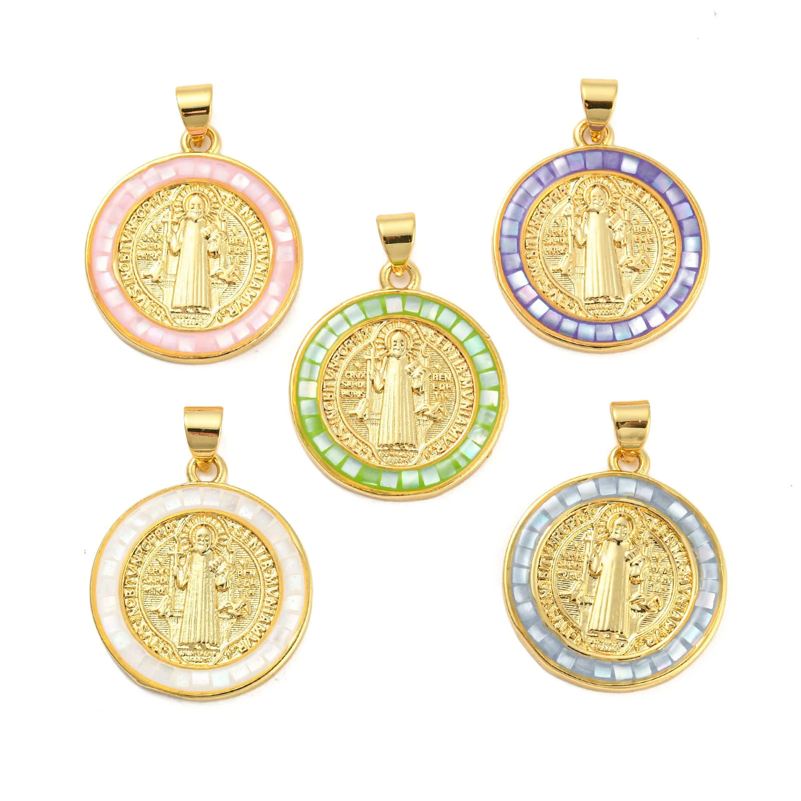 5pcs Real 18K Gold Plated God Father Metal with Shell Pendant Flat Round Religious Christianity Cross for DIY Necklace Making