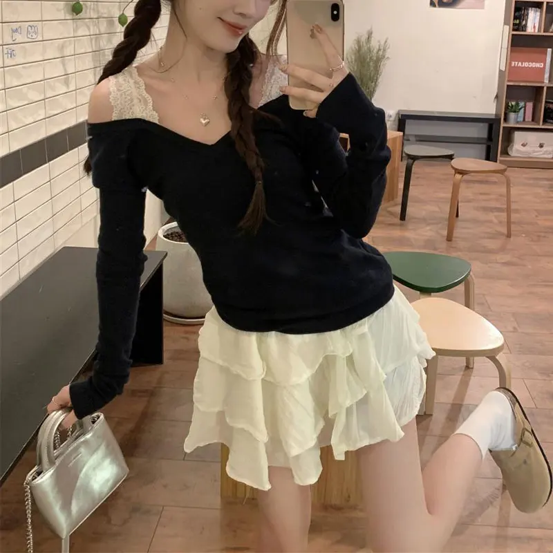 Hotsweet Off Shoulder Slim T-shirts Women's Clothing Fashion Lace Drawstring Spring Autumn Solid Color Casual V-Neck Pullovers